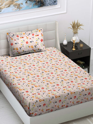 FABINALIV Peach Floral 300 TC Cotton Blend Single Bedsheet with Pillow Cover (225X150 cm)