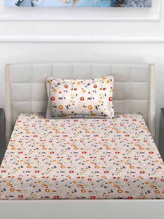 FABINALIV Peach Floral 300 TC Cotton Blend Single Bedsheet with Pillow Cover (225X150 cm)