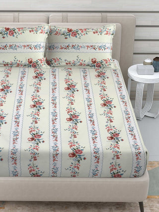 FABINALIV Cream Floral 300 TC Cotton Blend King Size Fitted Double Bedsheet with 2 Pillow Covers (250X225 cm)