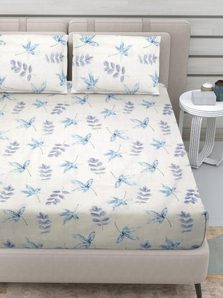 FABINALIV Blue Floral 300 TC 100% Cotton King Size Double Bedsheet with 2 Pillow Covers (250X225 cm)