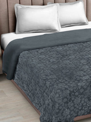 FABINALIV Dark Grey Floral Mild Winter 500 GSM Embossed Woollen Double Bed Comforter