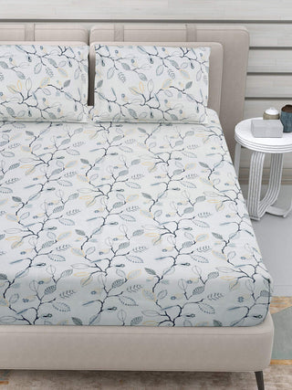 FABINALIV Blue Floral 300 TC 100% Cotton King Size Double Bedsheet with 2 Pillow Covers (250X225 cm)