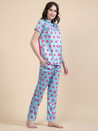 FABINALIV Blue Geometric Graphic Printed Women Night Suit