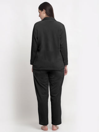 FABINALIV Women Black Solid Velvet Winter Night Suit