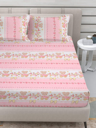 FABINALIV Pink Cartoon Print 300 TC Cotton Blend King Size Fitted Double Bedsheet with 2 Pillow Covers (250X225 cm)