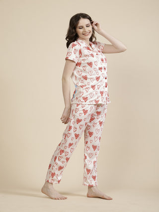 FABINALIV Cream Geometric Graphic Printed Women Night Suit