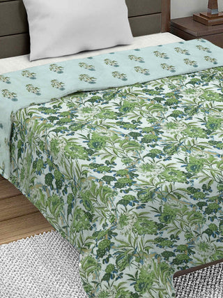 FABINALIV Green Floral Ultrasonic Quilted Reversible 350 GSM AC Room Single Bed Comforter