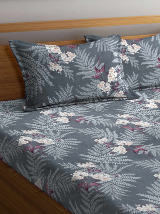 FABINALIV Grey Floral 300 TC Cotton Blend Super King Size Fitted Double Bedsheet with 2 Pillow Covers (270X270 cm)