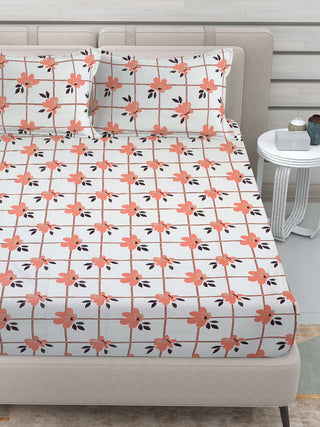 FABINALIV Orange Floral 300 TC Cotton Blend King Size Fitted Double Bedsheet with 2 Pillow Covers (250X225 cm)