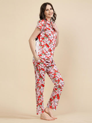 FABINALIV Red Floral Graphic Printed Women Night Suit