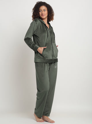 FABINALIV Women Green Solid Hooded Velvet Winter Night Suit