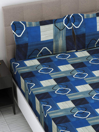 FABINALIV Blue Geometric 300 TC Cotton Blend Super King Size Fitted Double Bedsheet with 2 Pillow Covers (270X270 cm)