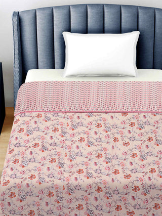 FABINALIV Peach Floral Reversible AC Room 300 GSM 100% Cotton Single Bed Dohar