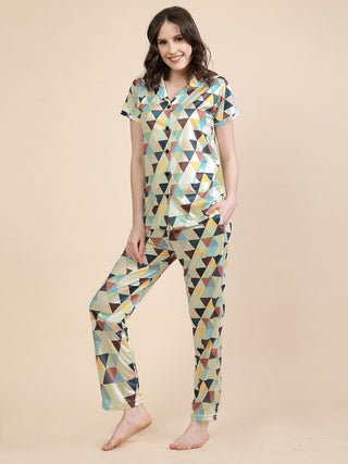 FABINALIV Multicolor Geometric Graphic Printed Women Night Suit