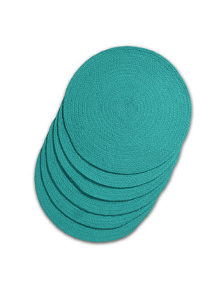 FABINALIV Set of 6 Sky Blue Solid Braided Cotton Table Mats (39X39 cm)