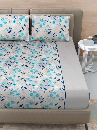 FABINALIV Blue Floral 300 TC 100% Cotton Super King Size Double Bedsheet with 2 Pillow Covers (270X270 cm)