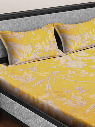 FABINALIV Yellow Floral 300 TC Cotton Blend King Size Double Bedsheet with 2 Pillow Covers (250X225 cm)