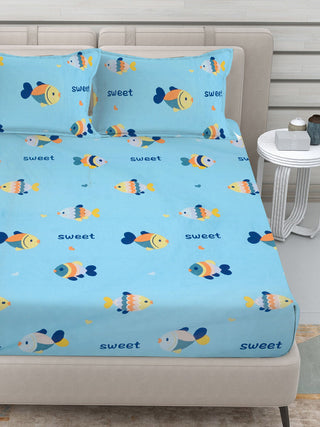 FABINALIV Blue Cartoon Print 300 TC Cotton Blend King Size Fitted Double Bedsheet with 2 Pillow Covers (250X225 cm)