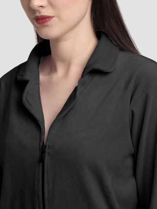 FABINALIV Women Black Solid Velvet Winter Night Suit