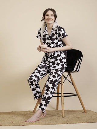 FABINALIV Black Abstract Graphic Printed Women Night Suit