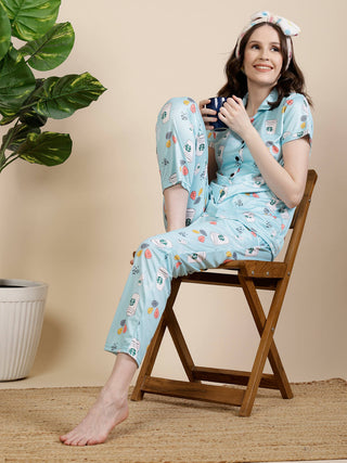 FABINALIV Turquoise Abstract Graphic Printed Women Night Suit