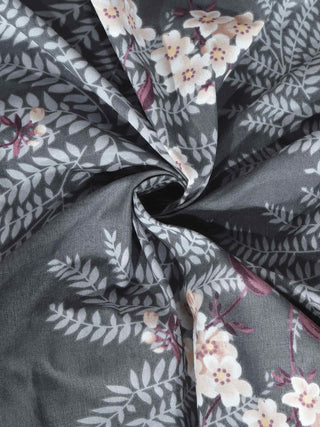 FABINALIV Grey Floral 300 TC Cotton Blend Super King Size Fitted Double Bedsheet with 2 Pillow Covers (270X270 cm)
