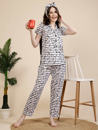 FABINALIV White Geometric Graphic Printed Women Night Suit