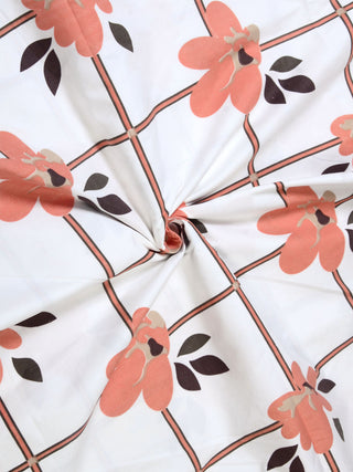 FABINALIV Orange Floral 300 TC Cotton Blend King Size Fitted Double Bedsheet with 2 Pillow Covers (250X225 cm)