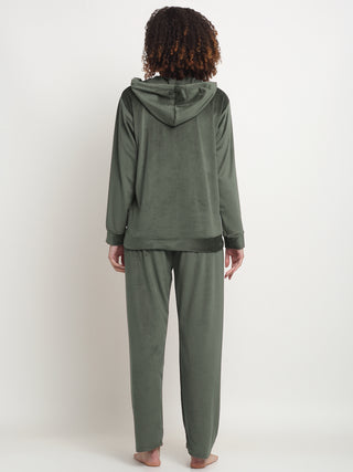 FABINALIV Women Green Solid Hooded Velvet Winter Night Suit