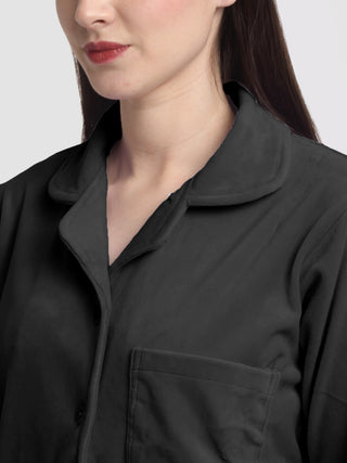 FABINALIV Women Black Solid Velvet Winter Night Suit