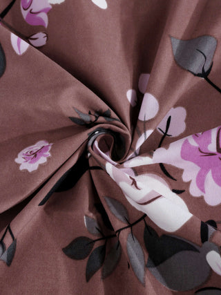 FABINALIV Brown Floral 300 TC Cotton Blend Single Bedsheet with Pillow Cover (225X150 cm)