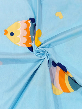 FABINALIV Blue Cartoon Print 300 TC Cotton Blend King Size Fitted Double Bedsheet with 2 Pillow Covers (250X225 cm)