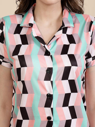 FABINALIV Multicolor Geometric Graphic Printed Women Night Suit