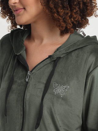 FABINALIV Women Green Solid Hooded Velvet Winter Night Suit