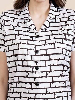 FABINALIV White Geometric Graphic Printed Women Night Suit