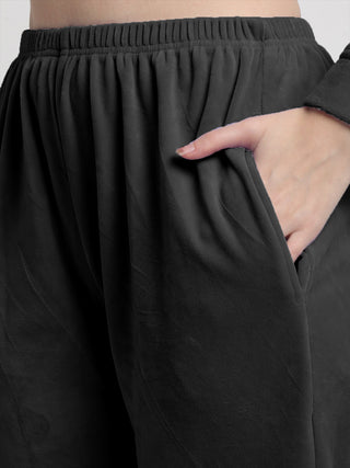 FABINALIV Women Black Solid Velvet Winter Night Suit