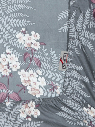 FABINALIV Grey Floral 300 TC Cotton Blend Super King Size Fitted Double Bedsheet with 2 Pillow Covers (270X270 cm)