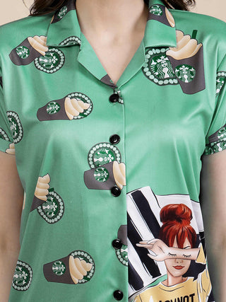 FABINALIV Green Abstract Graphic Printed Women Night Suit