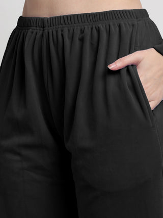 FABINALIV Women Black Solid Velvet Winter Night Suit