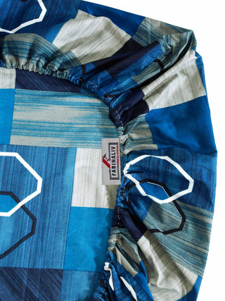 FABINALIV Blue Geometric 300 TC Cotton Blend Super King Size Fitted Double Bedsheet with 2 Pillow Covers (270X270 cm)