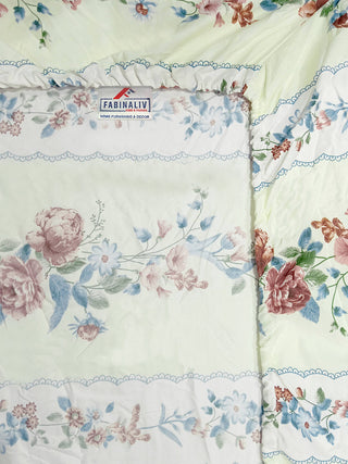 FABINALIV Cream Floral 300 TC Cotton Blend King Size Fitted Double Bedsheet with 2 Pillow Covers (250X225 cm)