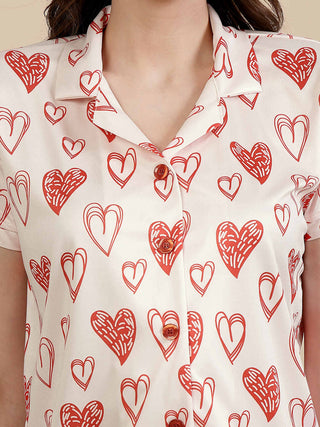 FABINALIV Cream Geometric Graphic Printed Women Night Suit