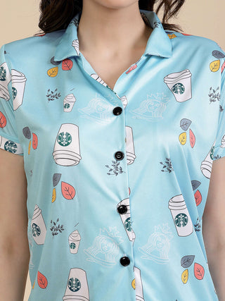 FABINALIV Turquoise Abstract Graphic Printed Women Night Suit