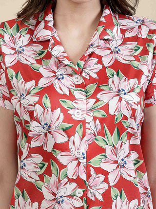 FABINALIV Red Floral Graphic Printed Women Night Suit