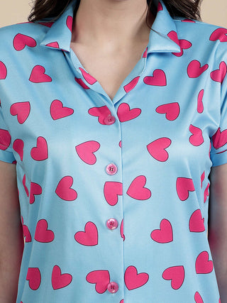 FABINALIV Blue Geometric Graphic Printed Women Night Suit