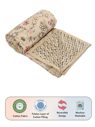 FABINALIV Beige Floral Reversible AC Room 300 GSM 100% Cotton Single Bed Dohar