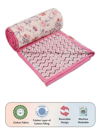 FABINALIV Peach Floral Reversible AC Room 300 GSM 100% Cotton Single Bed Dohar
