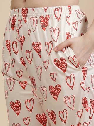 FABINALIV Cream Geometric Graphic Printed Women Night Suit