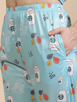 FABINALIV Turquoise Abstract Graphic Printed Women Night Suit