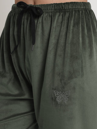 FABINALIV Women Green Solid Hooded Velvet Winter Night Suit